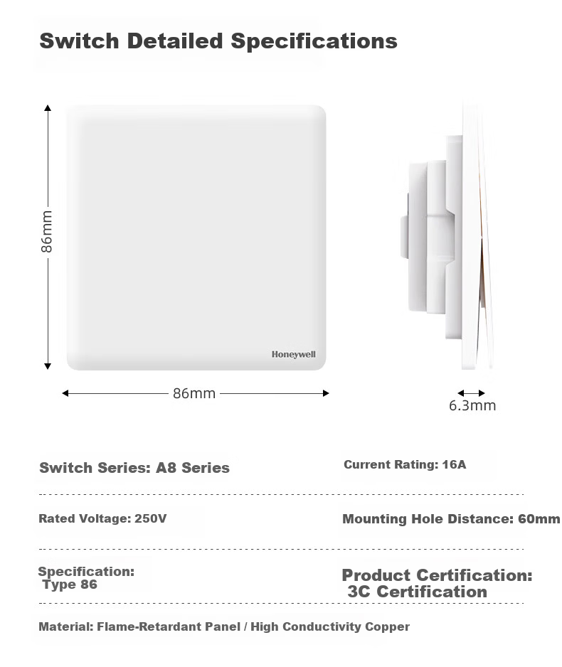 Honeywell Switch Socket Panel Four-Gang Single-Control 86-Type Ultra-Thin Frameless Skin-Friendly Wall Switch A8 Matte Black 18