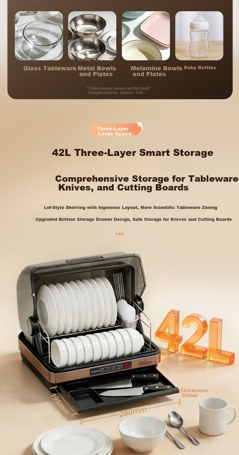 MeiLing Desktop Sterilizer Cabinet Multifunctional Household Kitchen Dishware Knife Rack Tea Cup Sterilizer Large Capacity UV Drying and Cleaning Cabinet [Government Subsidy] ZTD-M42T5 9