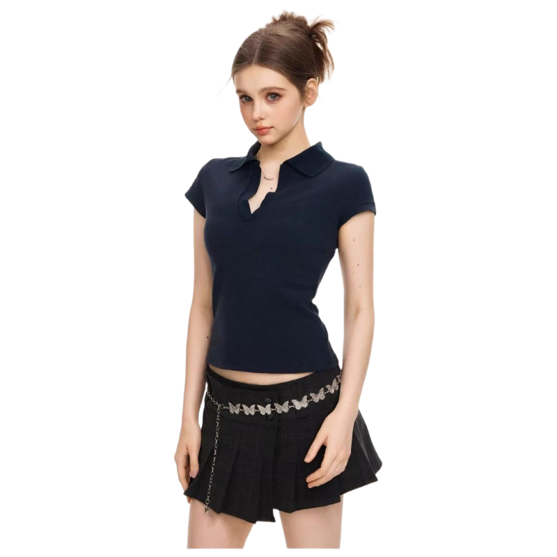 ICH MODE Vintage Polo Collar Short Sleeve T-Shirt Women 2026 Summer New Slim Fit Cropped Top White L