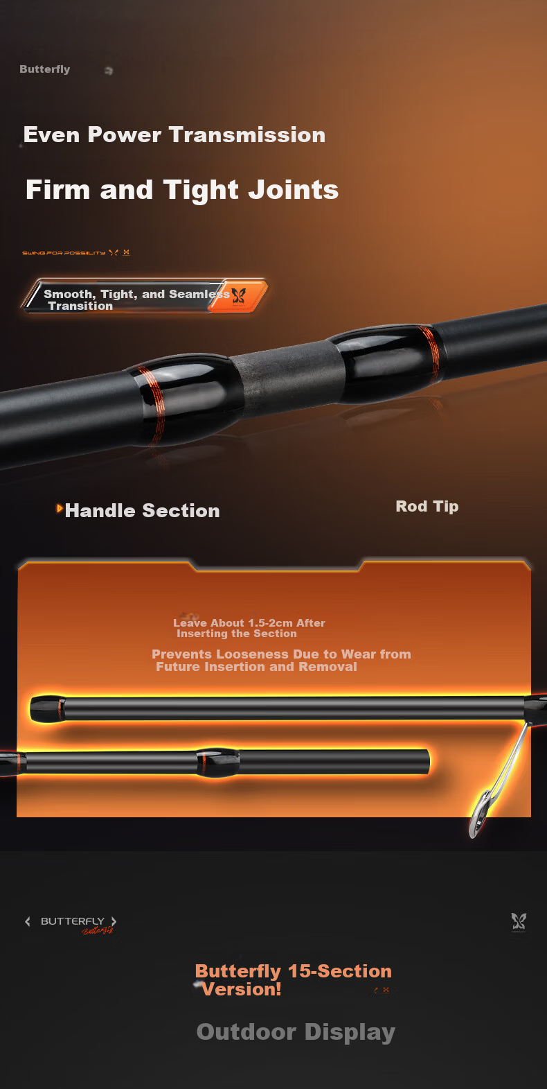 HISTAR 2.13m/2.28m Straight Handle ML [Adjustable Length] Butterfly Five-Section Portable Travel Rod [Carbon Fiber Handle] 9