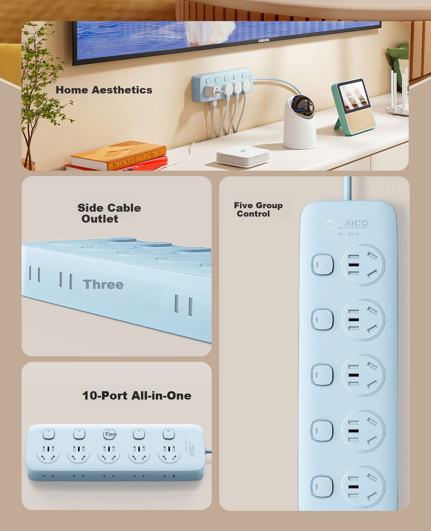 ORICO New National Standard Split Control Power Strip 10 Outlets with Switch, 2m Blue Cable, for Computer Desk Lamp Bedroom Bedside Use 2