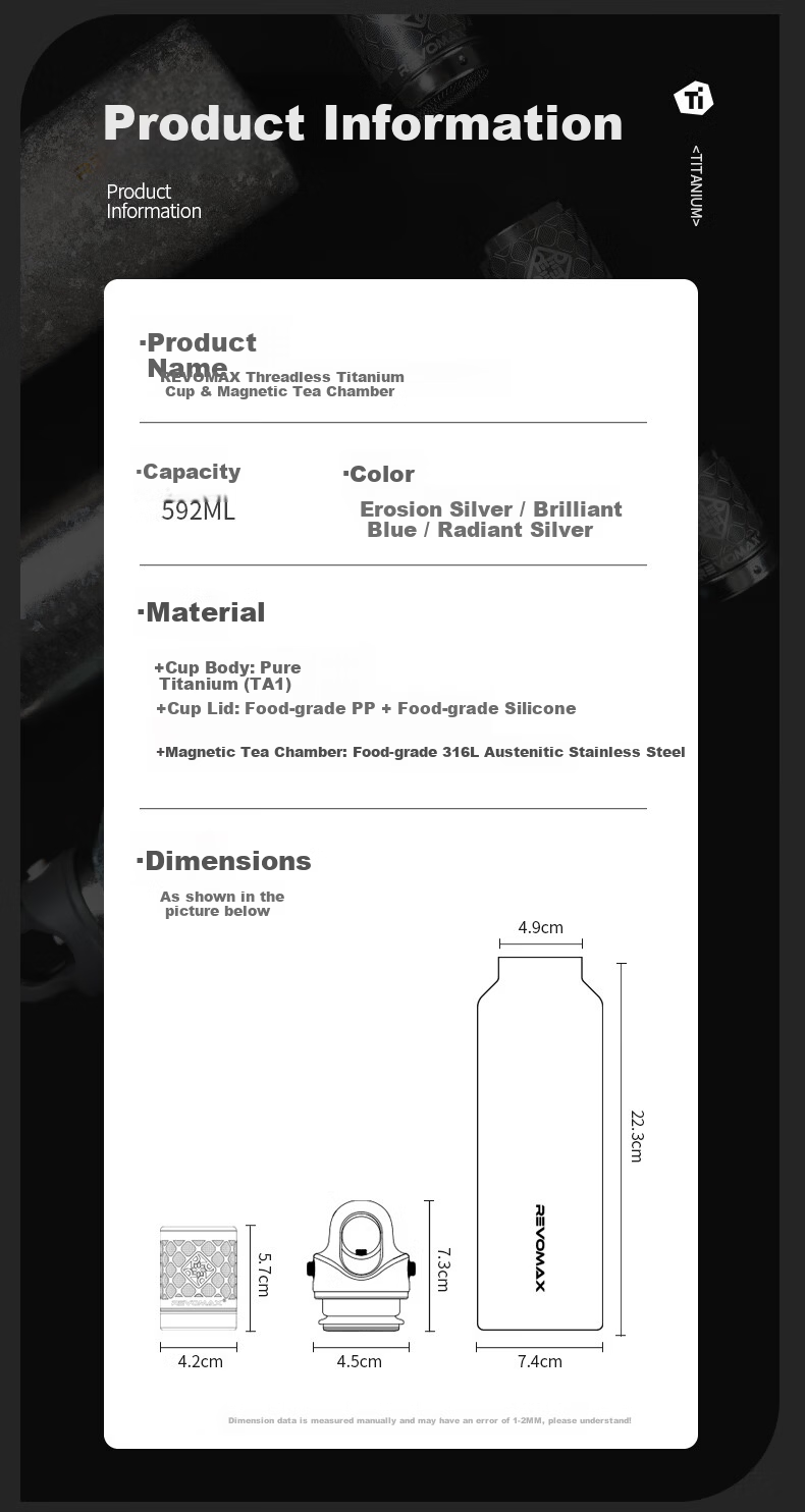 Ruihu Magnetic Pure Titanium Insulated Water Bottle Men's High-End Business Car Cup Tea Separation Brewing Cup 592ml - Radiant Silver 7
