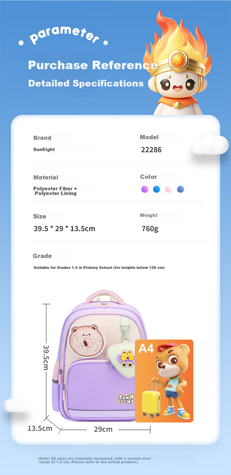 Sunshine 8 O'clock Primary School Backpack Children's School Bag Boys Girls Ergonomic Lightweight Grade 1-3-5 Stylish Double Shoulder Bag 11