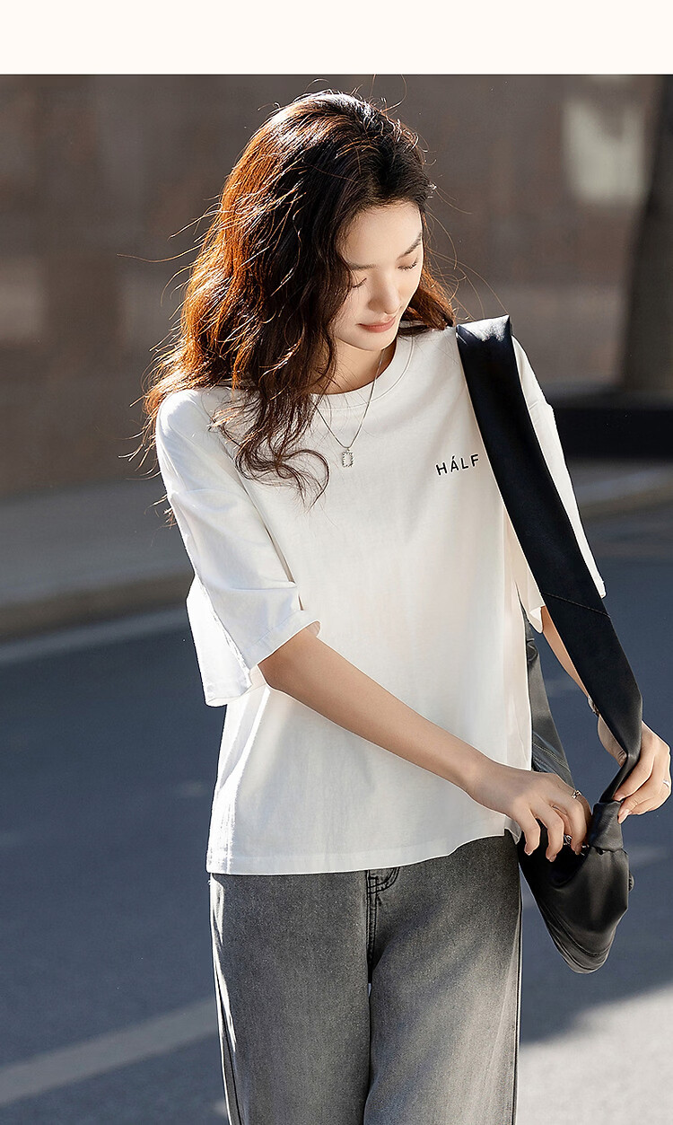 Demana [Comfort 180G Pure Cotton] Summer Simple Style Letter Print Loose Fit Women's 5-Sleeve T-Shirt 16