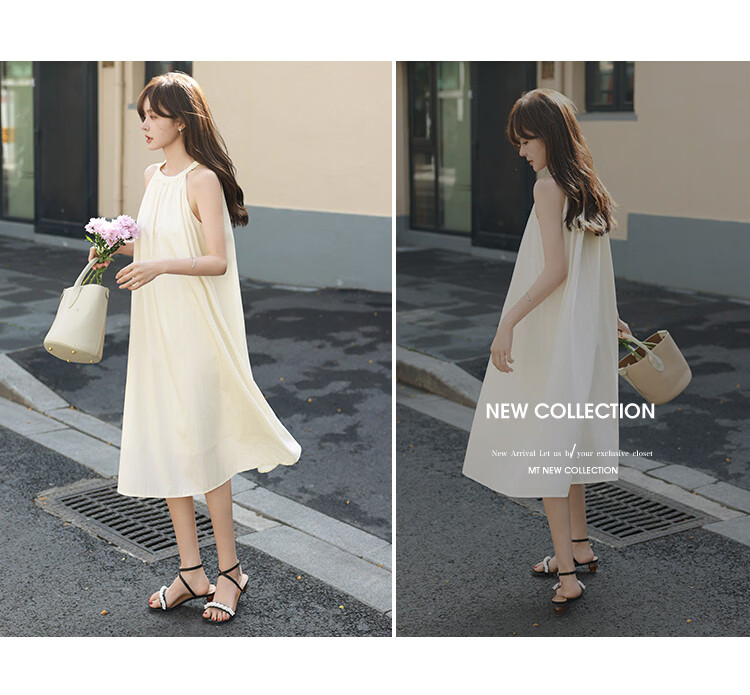 MT Summer Vacation Style Sleeveless Halter Neck Solid Color Minimalist French Casual Dress 9