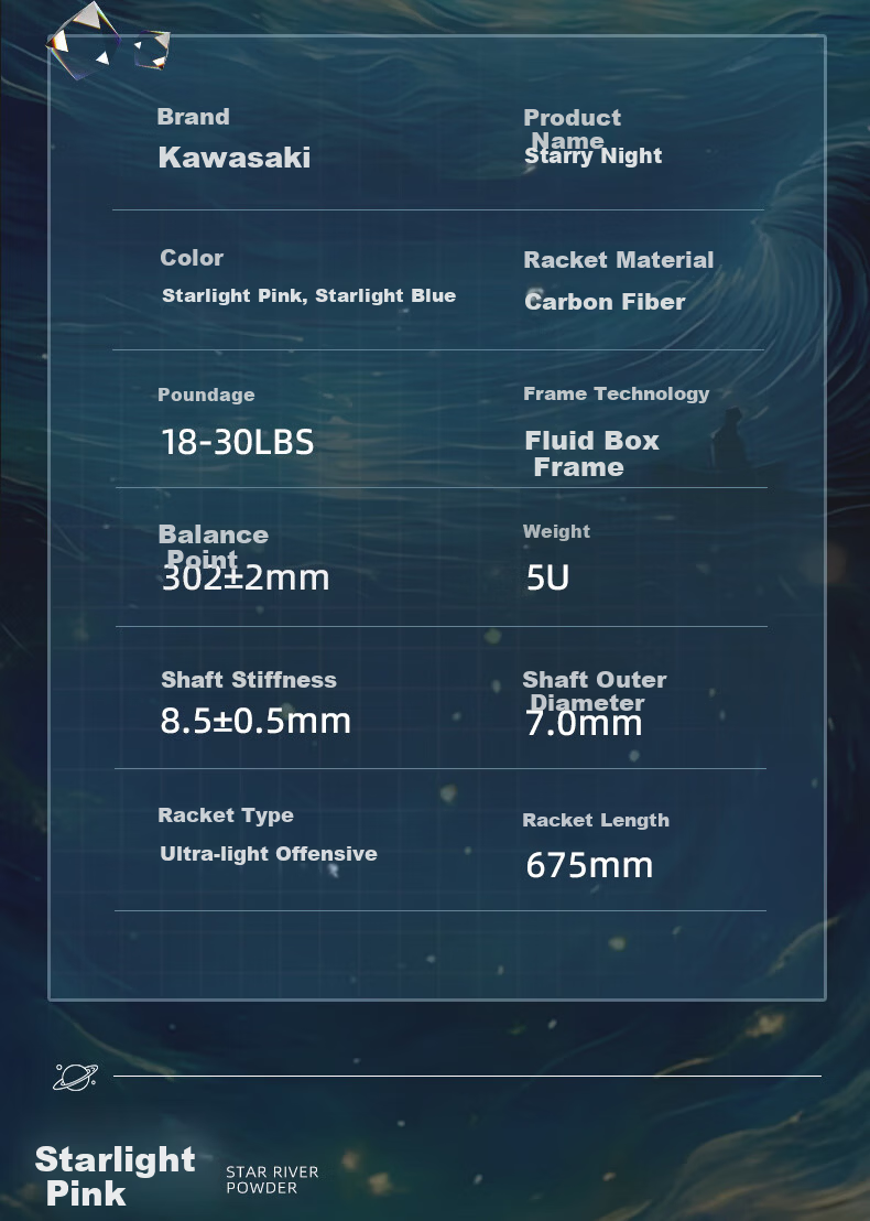 KAWASAKI Starry Night Full Carbon 5U Ultra-Lightweight Offensive Badminton Racket Single Gift Box Starry Blue White String 12