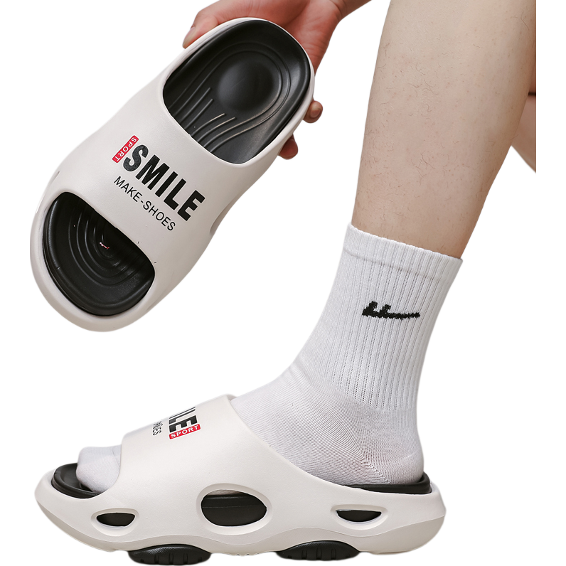 Huameijianbu Men's Sports Slippers, Quiet Non-Slip Indoor Thick-Soled Outdoor Sandals HM2439 White And Black Size 42-43