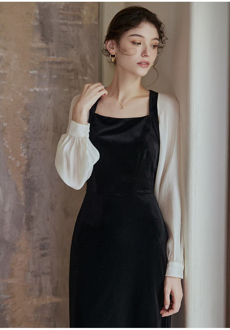 ROEYSHOUSE French Style Women's Spring Vintage Patchwork Velvet Slim Dress 07942 Colorblock M 9