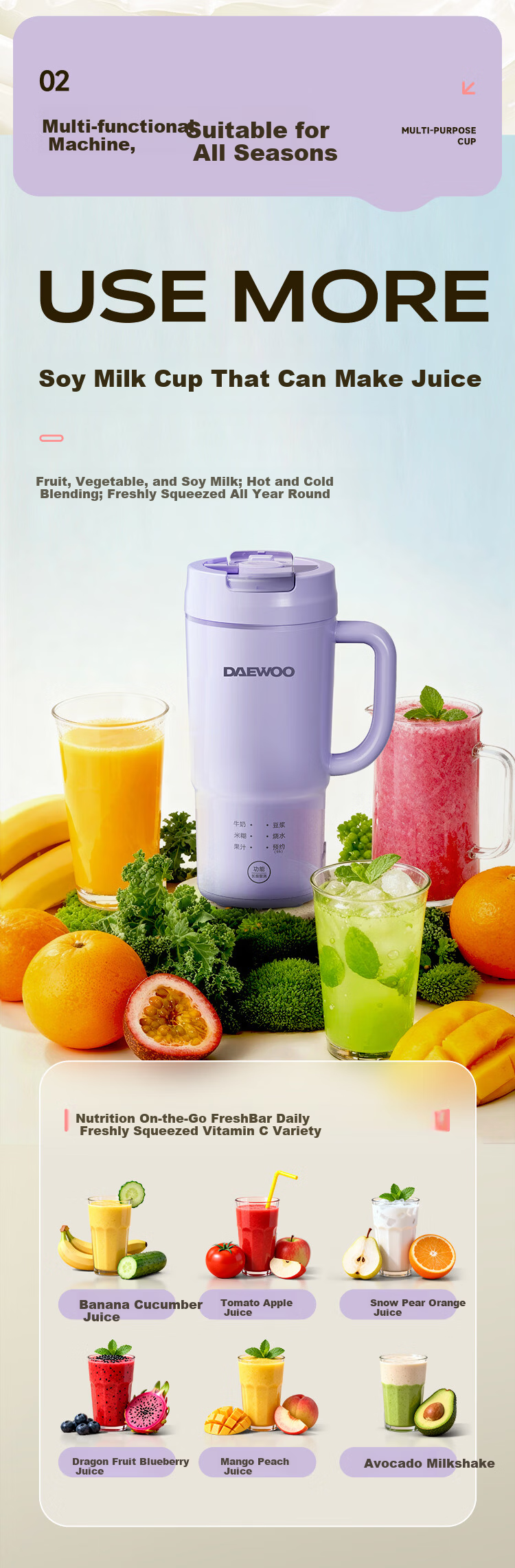 DAEWOO Mini Soy Milk Maker for 1-2 People Fully Automatic No-Cook No-Filter Household Blender Portable Electric Kettle Juicer SM25 Purple 5