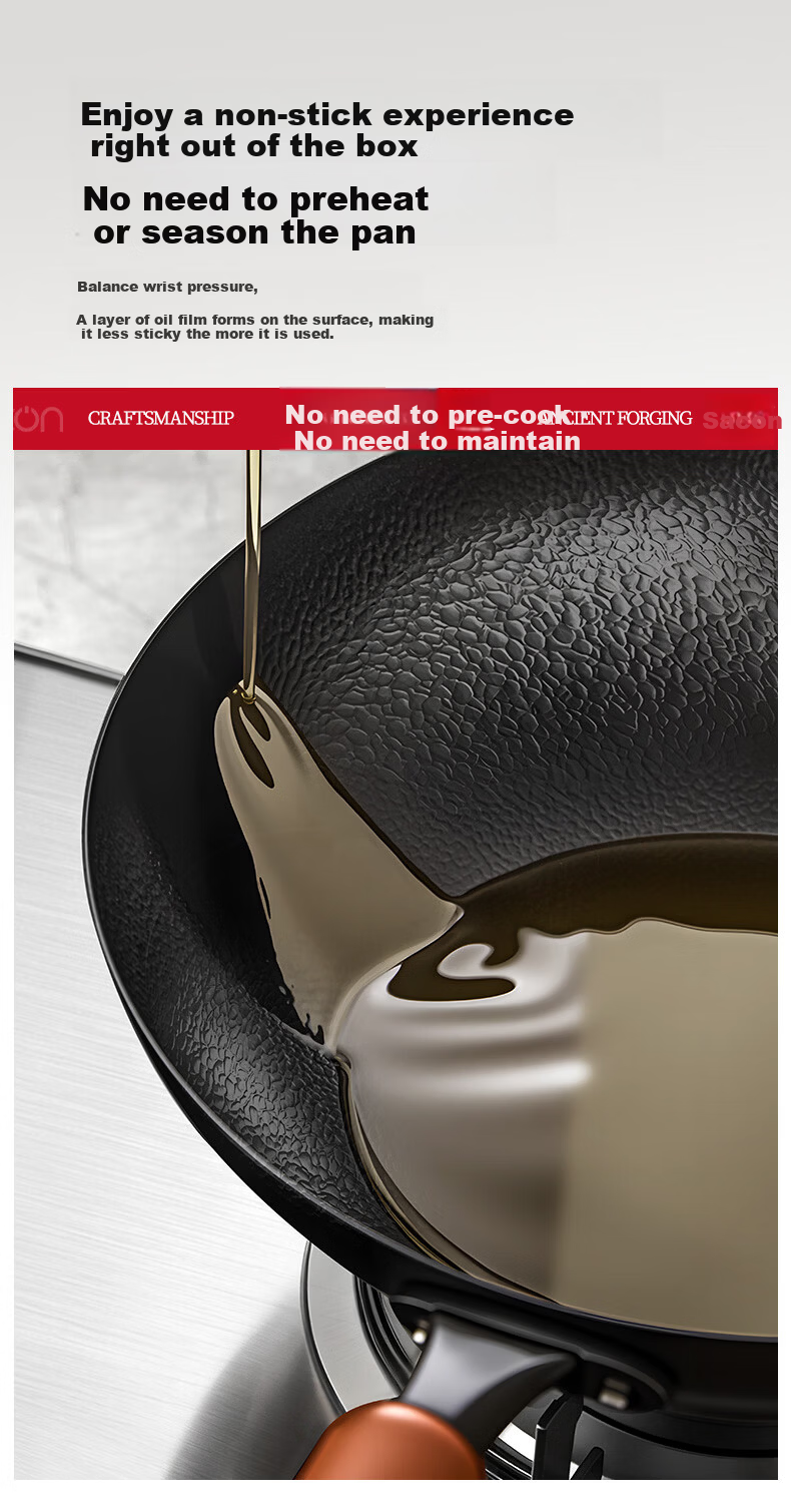 Sacon Handmade Forged Iron Wok Rust-Resistant Non-Coated Non-Stick Round Bottom Stir Fry Pan 32cm with Lid Compatible with Gas and Induction Cooktops 8