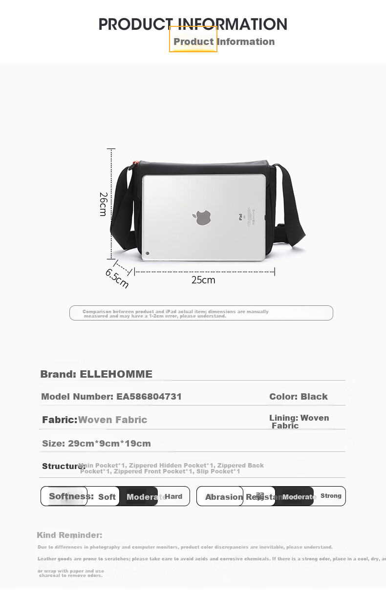 ELLE HOMME Men's Single Shoulder Bag Trendy Lightweight Canvas Crossbody Bag Water-Resistant Casual Phone Bag Black 4731 3