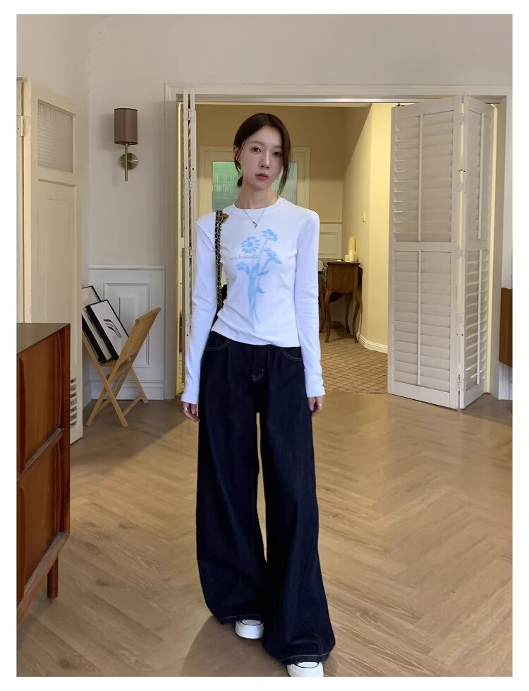 ICH MODE Floral Print Short Sleeve T-Shirt Women Spring Autumn New Korean Style Beautiful Shoulder Tee Navy Blue S 28