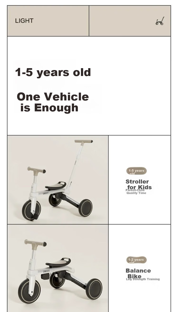 BEIESTATE M5 Kids Tricycle 1-5 Years Multifunctional Baby Stroller with Push Handle Beige Khaki 1