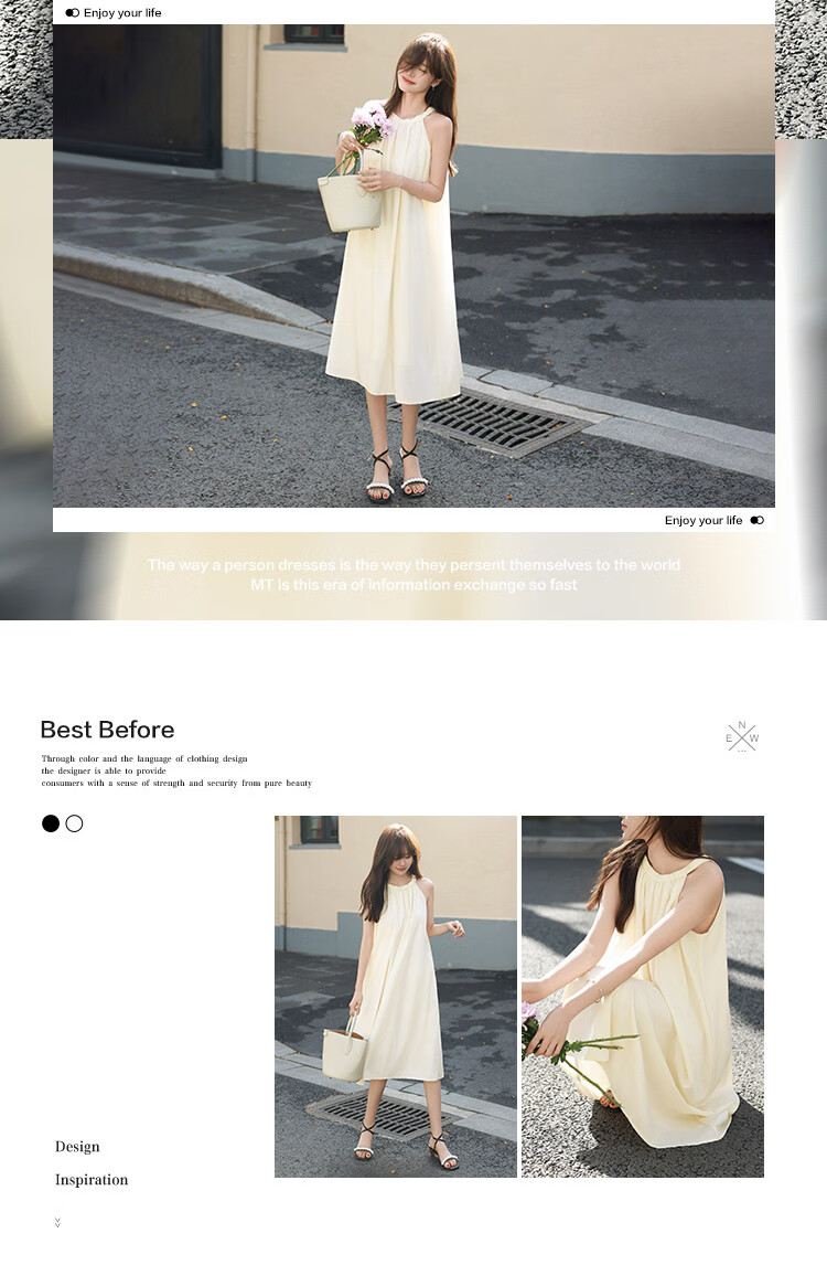 MT Summer Vacation Style Sleeveless Halter Neck Solid Color Minimalist French Casual Dress 2