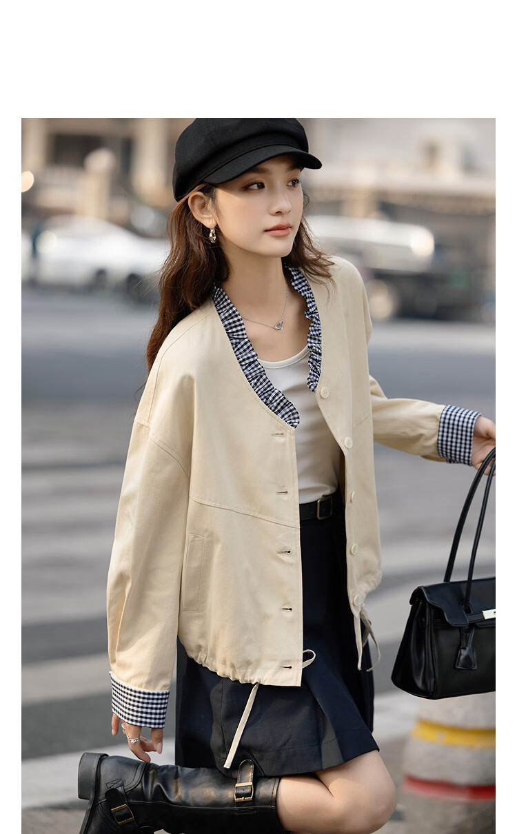 Demana [Pure Cotton Weave] Spring Simple Style V-Neck Plaid Patchwork Drawstring Hem Loose Petite Women's Jacket 10