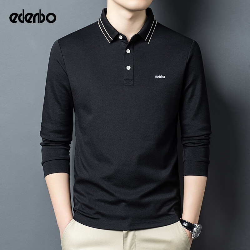 Edenbo Men's Long Sleeve Polo Shirt Cotton Mulberry Silk Black 170/88A (L)