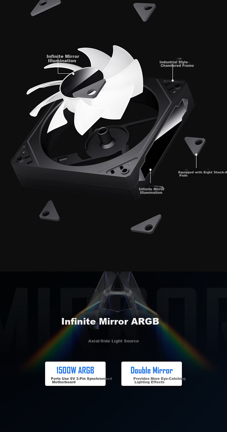 Aigo Aurora Z13 White Reverse Blade ARGB 5V 3-Pin Motherboard Sync 12CM PWM Temperature Control Computer Case Fan Infinite Mirror 4