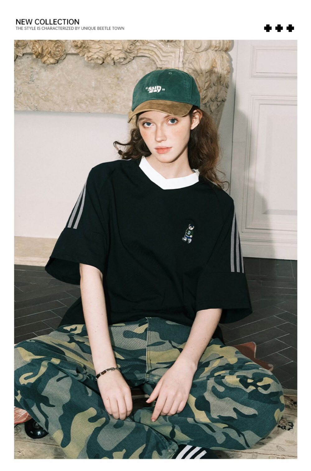 ICH MODE Raglan Stripe V-Neck Short Sleeve T-Shirt Women Summer Bear Series Sorona Cooling Top Black M 1