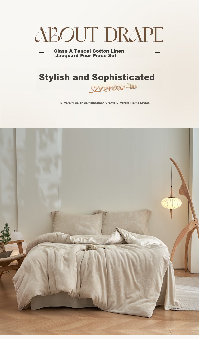 Jiting Tencel Cotton Linen Luxury Jacquard 4-Piece Bedding Set - Elegant Gray, 1.5/1.8m Bed Sheet Style 2