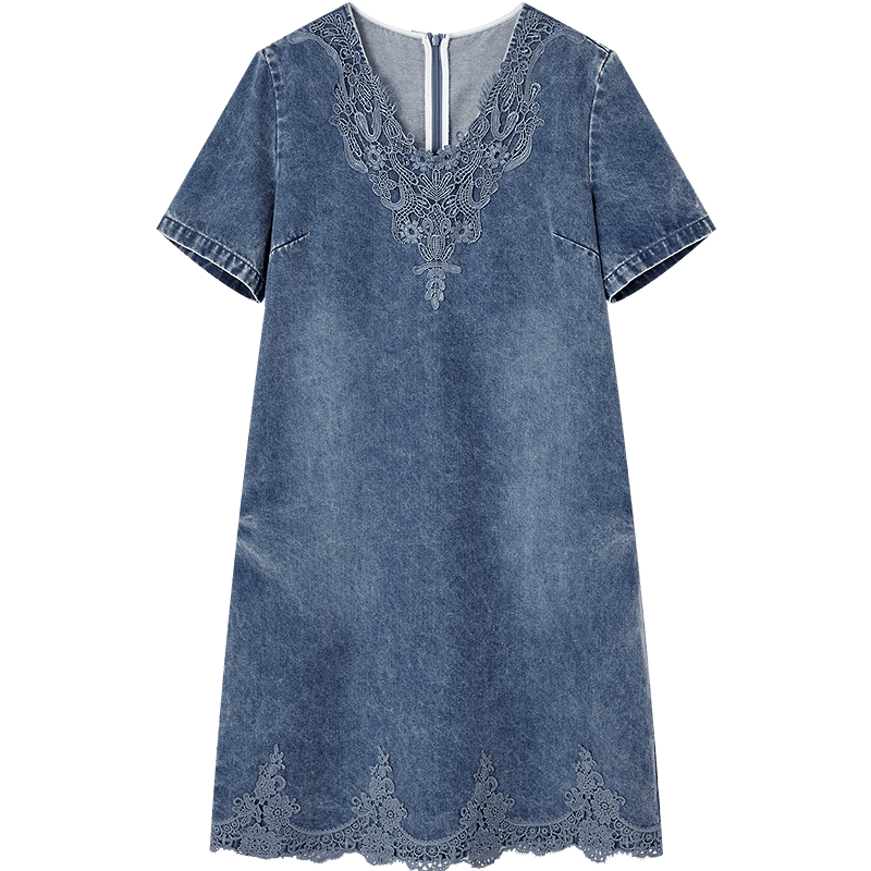 Demana [Denim Cloud Cotton] Spring Design Lace Patchwork Round Neck Petite Loose Women's Denim Dress