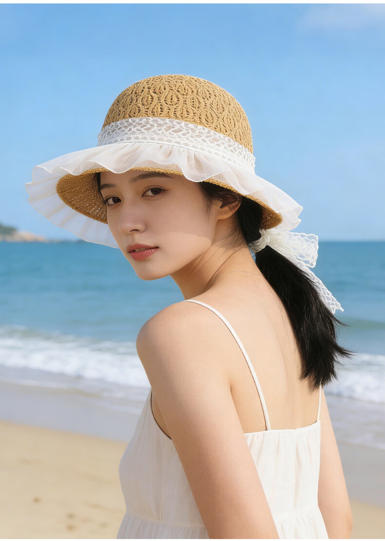 GLO-STORY Women's Lace Bow Straw Hat Summer Breathable Wide Brim Sunshade Sunscreen Beach Hat 6
