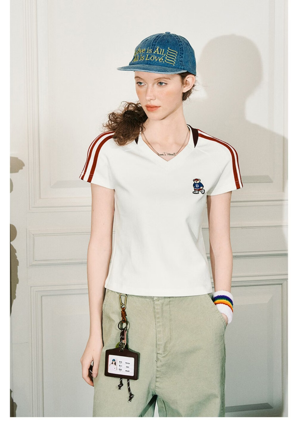 ICH MODE Raglan Stripe V-Neck Short Sleeve T-Shirt Women Summer Bear Series Sorona Cooling Top Black M 21