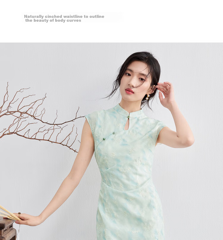 Sentubila Modified Qipao Chinese Style Dress Women Summer Waterdrop Hollow Stand Collar Embroidered New Chinese Waist Slimming Mid-Length Dress 7