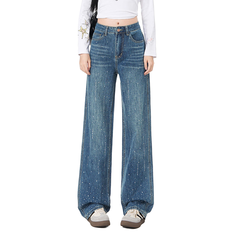 :CHOCOOLATE Women's American Vintage Rhinestone Design Denim Jeans Summer New Washed Straight Wide-Leg Pants Light Blue 2XL