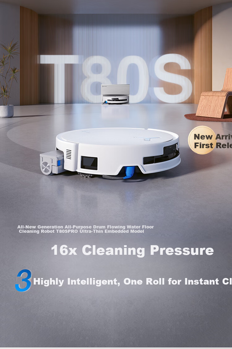 Ecovacs T80S PRO Ultra-Thin Built-In Robot Vacuum Cleaner with Automatic Cleaning, Self-Emptying, Drum Floor Washing, Hot Water Mop, Water Supply and Drainage DEX62 5