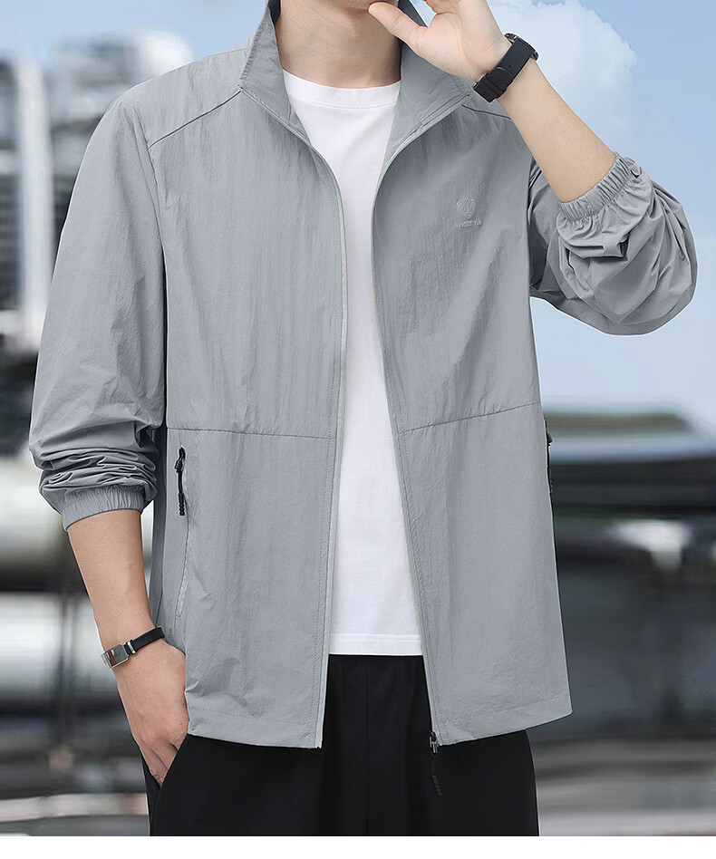 ROMON Sun Protection Jacket for Men, Summer Stand-Collar Ice Silk Cool-Feeling Outdoor Breathable Loose Casual Skin Coat, Navy Blue, 4XL 5