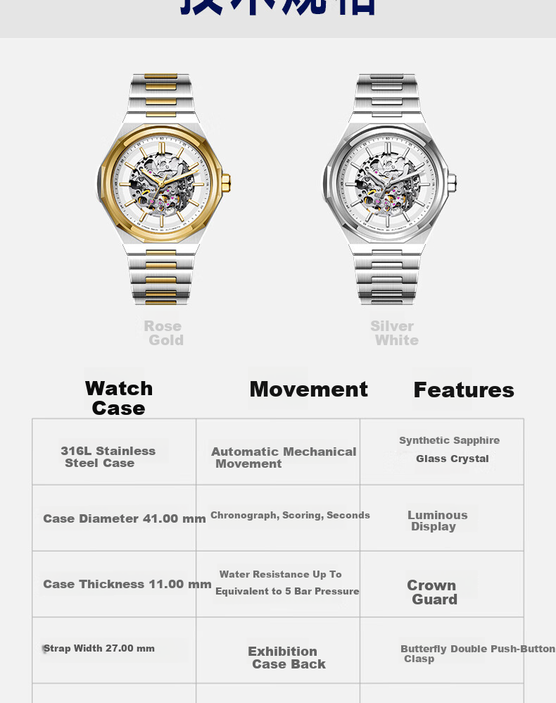 SHANGHAI Men's Automatic Mechanical Watch National Series Skeleton Luminous Wristwatch S8008 White Dial 11