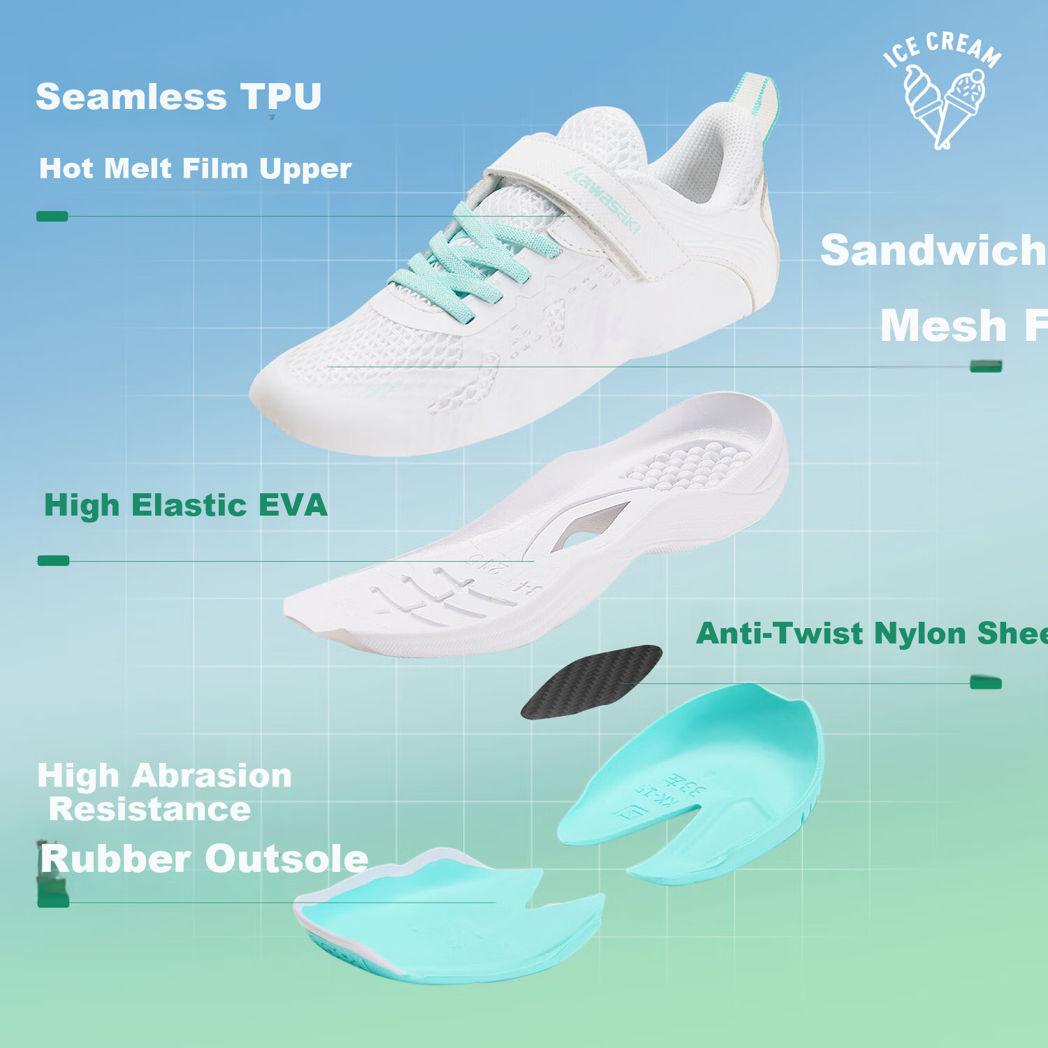 KAWASAKI Kids Badminton Shoes Ice Cream Durable Unisex Sports Shoes C4322 Matcha Green Size 32