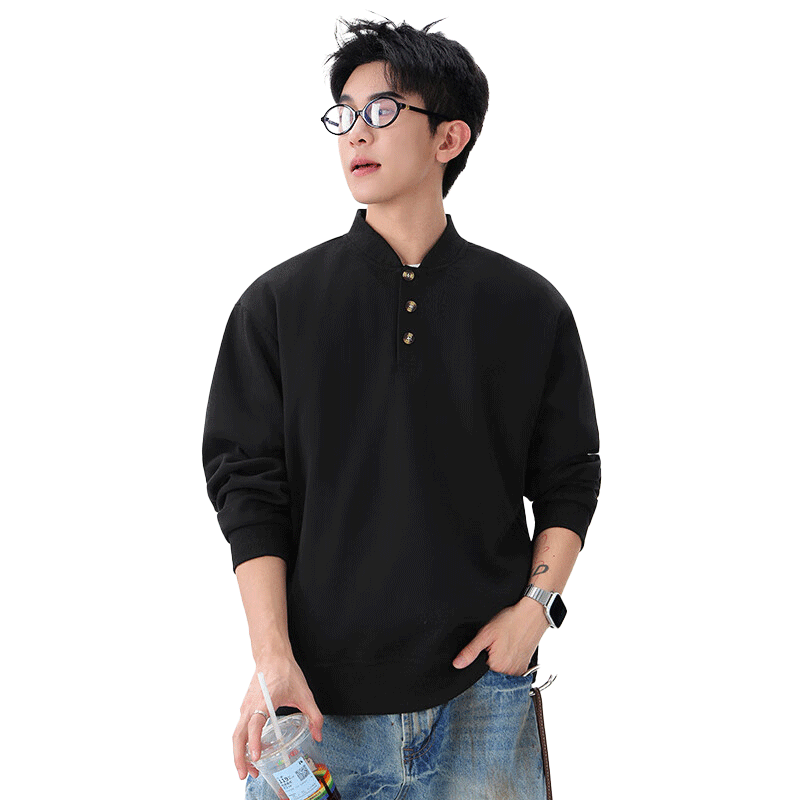 Homlean Heavyweight Henry Collar Solid Color Sweatshirt Men Autumn Fashion Casual Loose Base Shirt HQ00 White Flower Gray XL