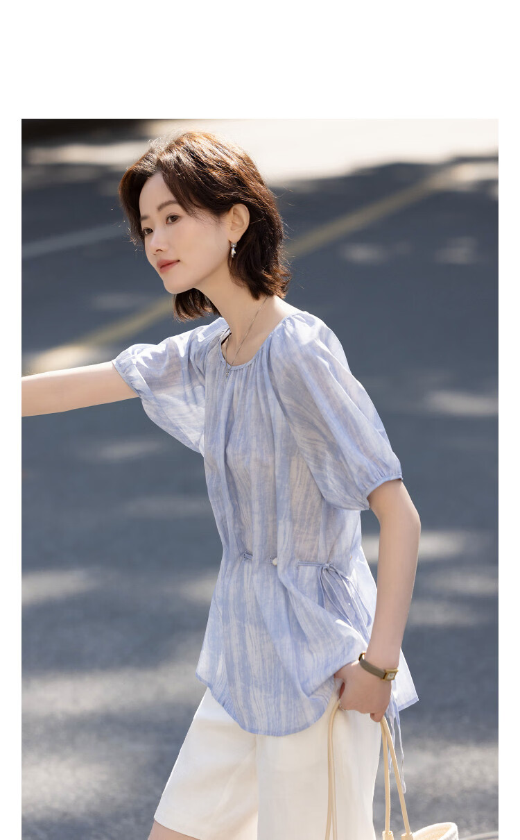 Demana Elegant Style Summer Artistic Tie-Dye Print Round Neck Short Sleeve Belted Loose Slim Shirt for Women Premium 10