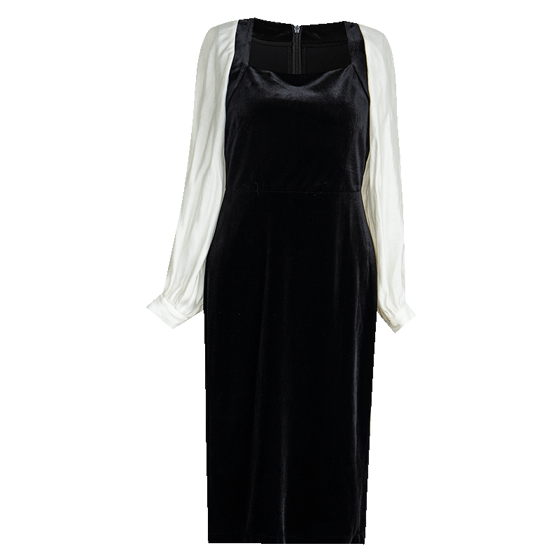 ROEYSHOUSE French Style Women's Spring Vintage Patchwork Velvet Slim Dress 07942 Colorblock M