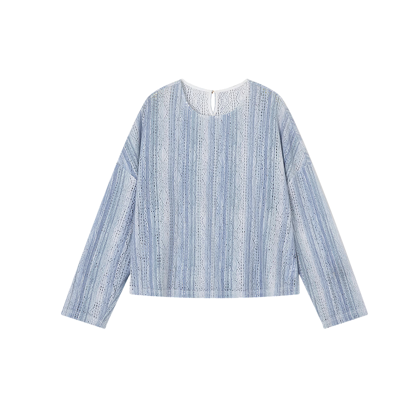 Demana [Cloud Soft Cotton Blend] Spring Lightweight Crew Neck Hollow Lace Printed Loose Fit Petite Women's Shirt