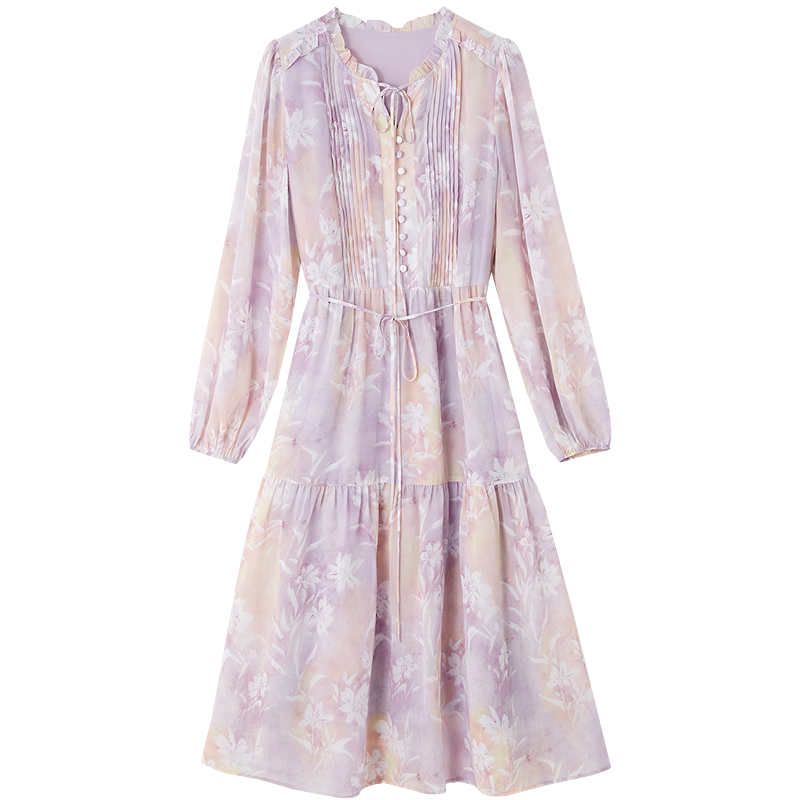 Demana Romantic Chiffon Season Spring French Ruffle Collar Puff Sleeve A-Line Flared Petite Women's Dress