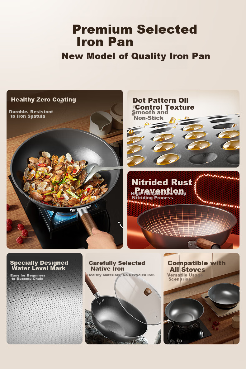 VATTI Titanium Iron Wok Non-Coated Non-Stick Stir Fry Pan Nitride Rust-Resistant Compatible with Gas Stove and Induction Cooker 6