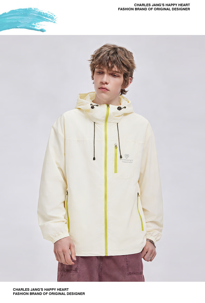 Charles Peach Heart Summer Outdoor Hooded Couple Sun Protection Jacket UPF50+ Lightweight Breathable Casual Unisex Ivory White XS 10