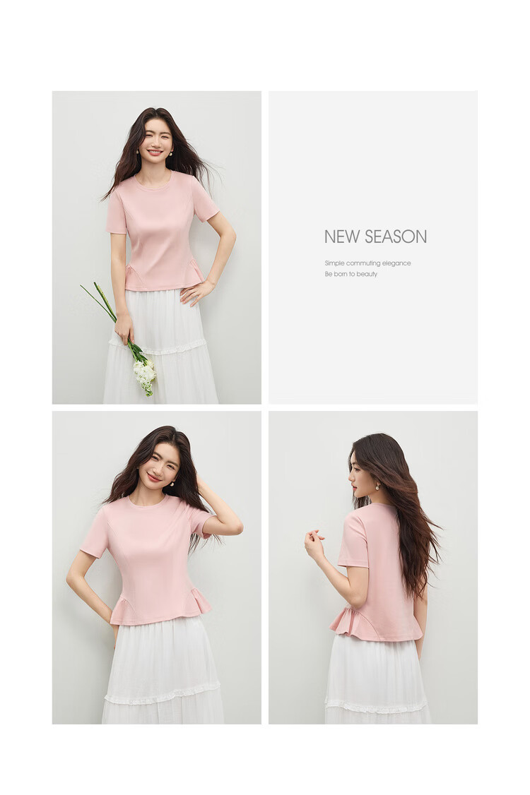 Shangdu Bila Gentle Pure Cotton Short Sleeve T-Shirt Women Spring Summer Simple Round Neck Split Design Slim Fit Top Youthful Temperament Layering 17