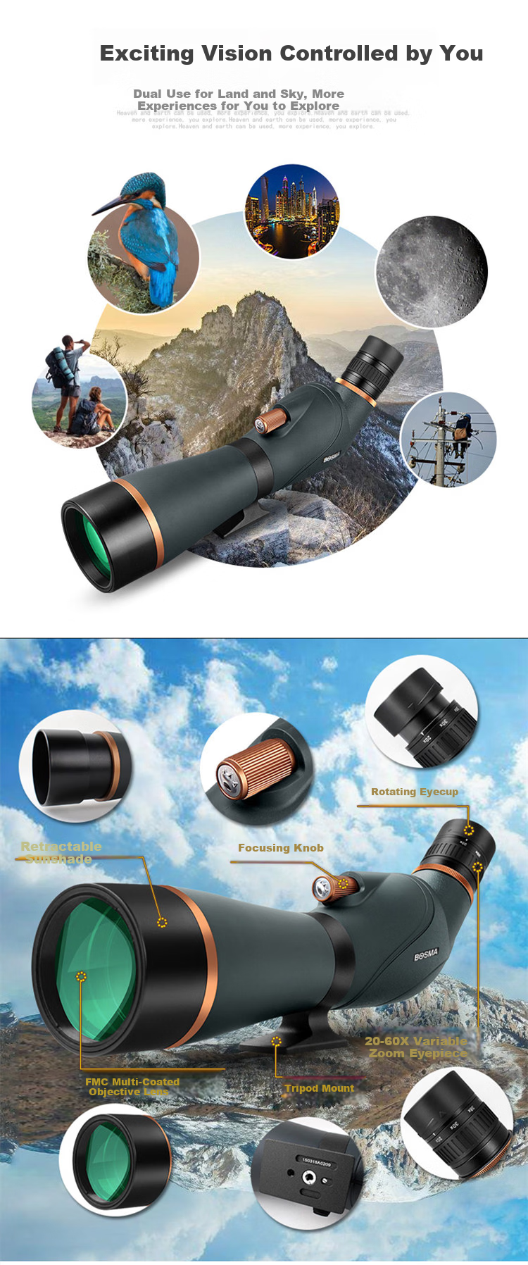 BOSMA Golden Tiger 2nd Generation 20-60X80ED Monocular Telescope High-Power HD Dual-Use 60X Low-Light Night Vision Birdwatching 7