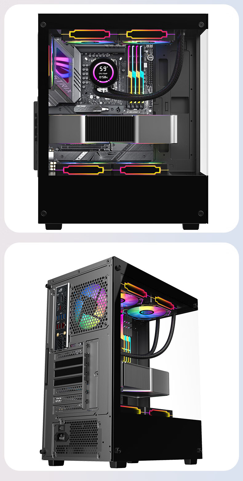 AOC CG390B Black Gaming Computer Tower Case, Dual-Sided Glass, Supports ATX Motherboard, 240mm Water Cooling, 5 Fan Positions, 270° Panoramic View, Upper And Lower Compartments 9