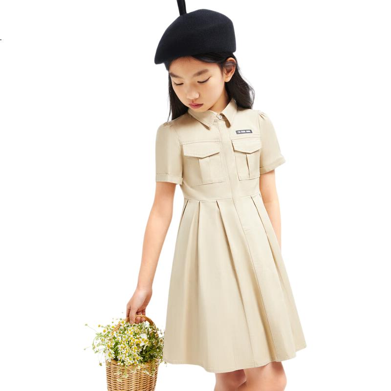 Annil Girls' Short-Sleeve Dress, Summer Pleated Artistic Workwear Style, Lightweight And Breathable Dress