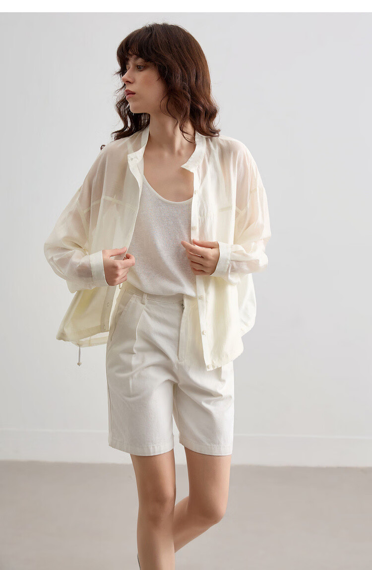 Demana Smooth Tencel Summer Lightweight Crew Neck Shell Button Hem Drawstring Loose Short Women's Jacket 17