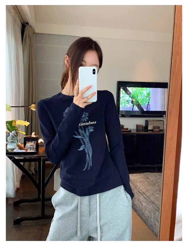 ICH MODE Floral Print Short Sleeve T-Shirt Women Spring Autumn New Korean Style Beautiful Shoulder Tee Navy Blue S 19
