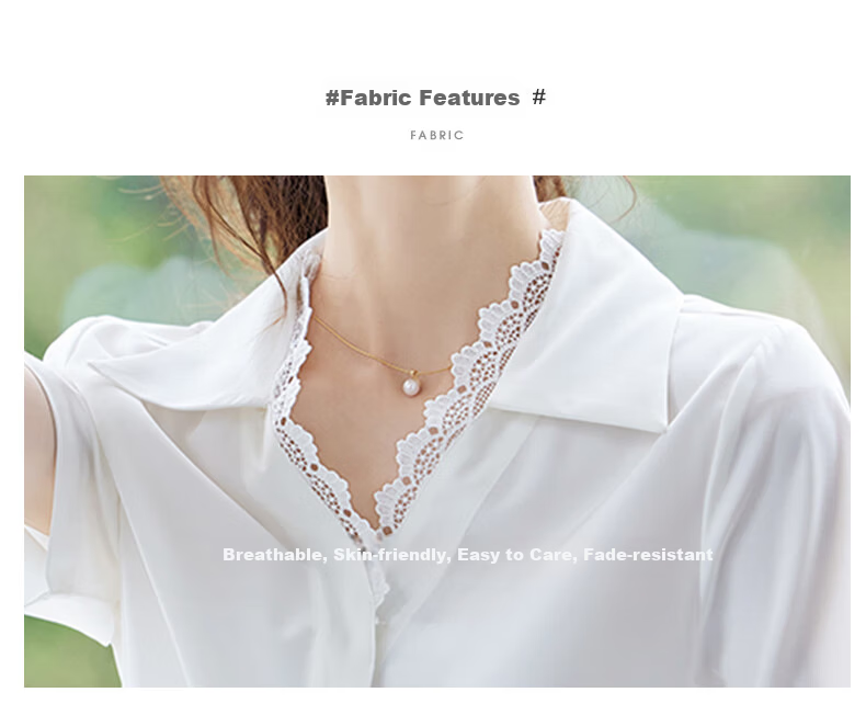 JEANSWEST Women's Summer Short Sleeve Solid Color V-Neck Lace Splice Shoulder Fashion Formal Shirt White L 2