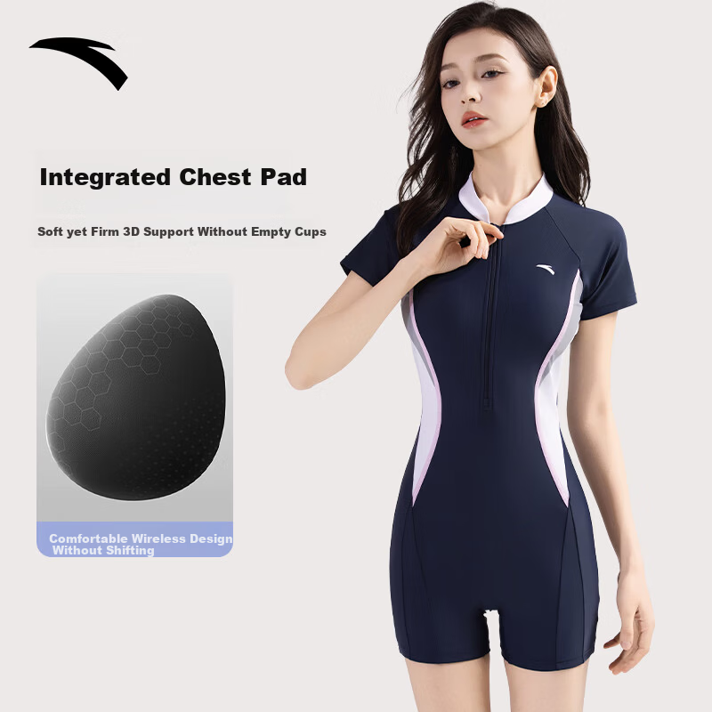Anta Women's New One-Piece Short Sleeve Slim Fit Conservative Professional Racing Swimsuit Blue and White XL