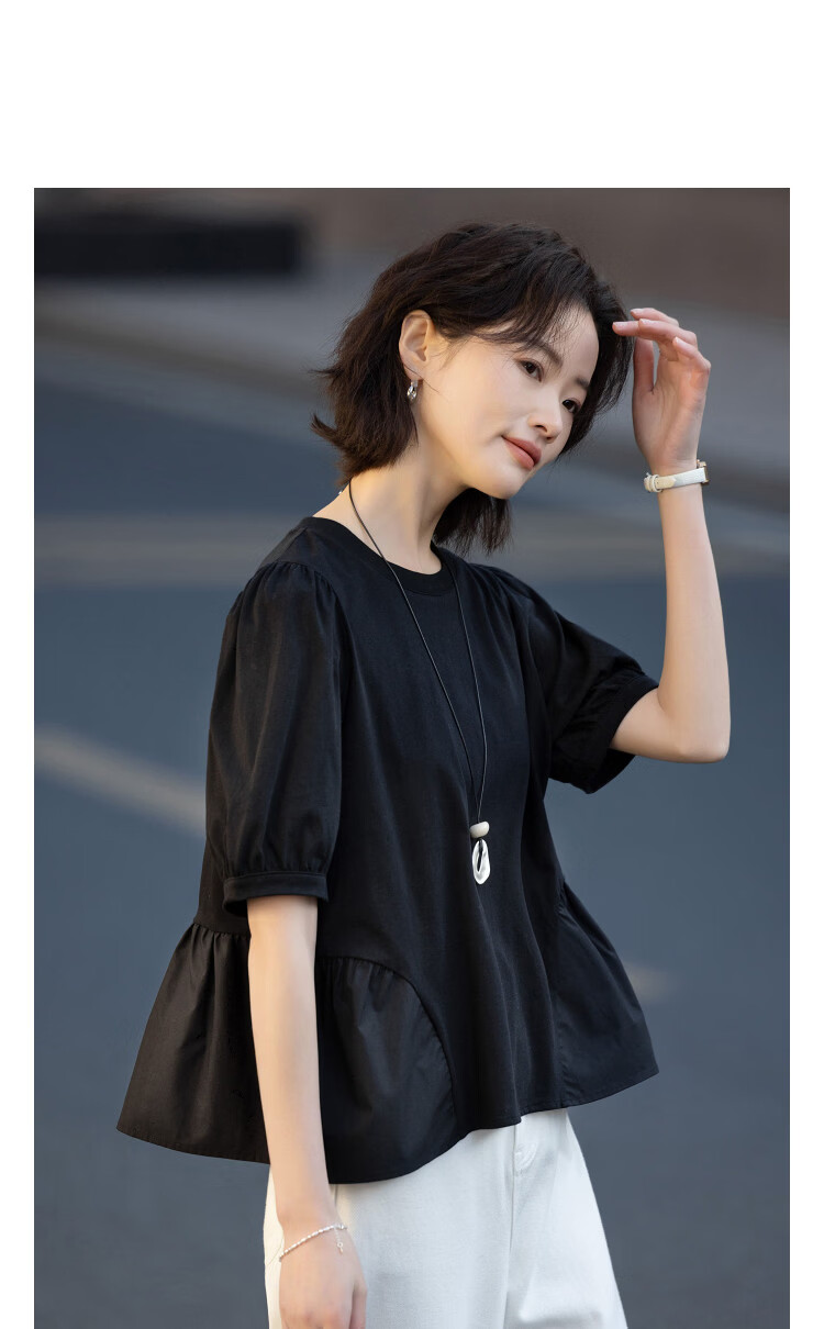 Demana [Oxygen Pure Cotton] Summer Lazy Style Round Neck Puff Sleeve Hem Splicing Loose Slim T-Shirt for Women Premium Feel 3