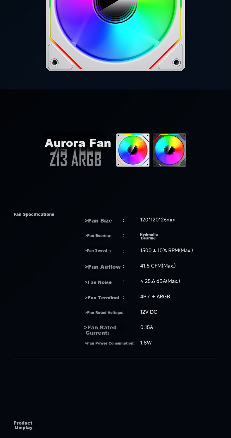 Aigo Aurora Z13 White Reverse Blade ARGB 5V 3-Pin Motherboard Sync 12CM PWM Temperature Control Computer Case Fan Infinite Mirror 8
