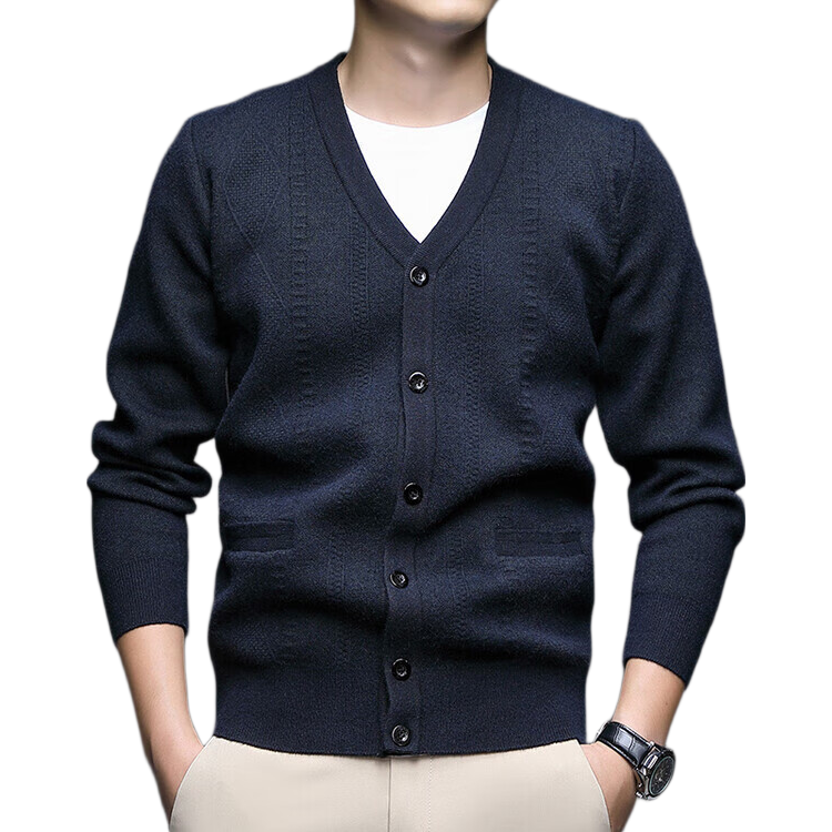Hengyuanxiang Men's Knitted Cardigan Jacket Autumn Winter Middle-aged Solid Color Long Sleeve V-neck Button Sweater Upper Blue 4XL